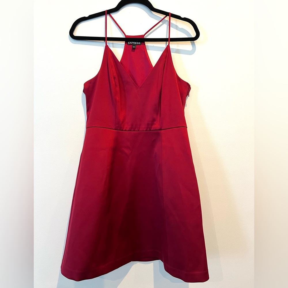 Express Deep Red Satin Short Cocktail Dress Sexy V Neck Racerback Size 10